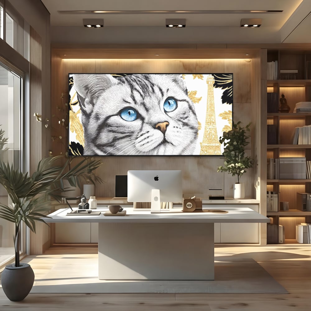 Tablou canvas cu tablou canvas cu pisica si turnul eiffel, in rama de aluminiu negru, pe perete intr-un birou